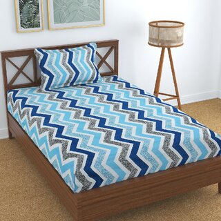 Home Crown 210 TC Indian Glace Cotton 1 Bedsheet (60 x 90 ) + 1 King Size Pillow Cover (20 x 30) Aqua zigzag