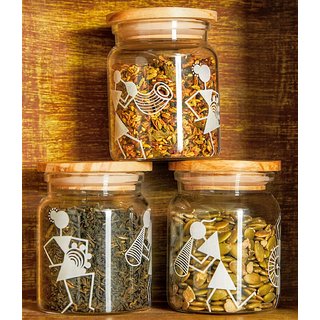 GARV 210ml borosilicate glass matki spice jar with warli print and airtight pinewood lid (set of 3)