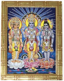 Reprokart Religious Brahma, Vishnu And Mahesh Multicolour Photo Frame With Sparkle Finishing For Puja Mandir