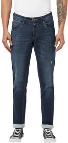 Blue Buddha Men's Solid Dark Blue Denim Slim Fit Light Faded Mild Distress Jeans
