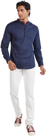 Blue Buddha Men's Solid Navy Blue Cotton Full Sleeved Mandarin Collar Casual Shirt
