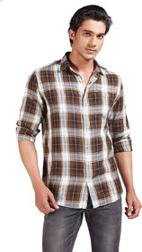 Blue Buddha Men's Checks Olive Cotton Long Sleeved Curved Hem Regular Fit Casual Shirt