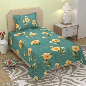 Home Crown 210 TC Indian Glace Cotton 1 Bedsheet (60 x 90 ) + 1 King Size Pillow Cover (20 x 30) Aqua Flower