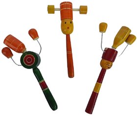 KRIDA -Combo of 3 Wooden Rattle Toys (Stick Rattle, Bell Rattle, Disk Rattle)