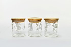 GARV 210Ml Borosilicate Glass Storage Jar With Warli Print And Airtight Pinewood Lid (Set Of 3)