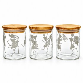 GARV 210Ml Borosilicate Glass Storage Jar With Warli Print And Airtight Pinewood Lid (Set Of 3)