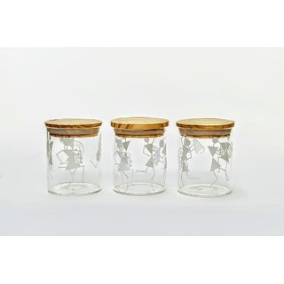 GARV 210Ml Borosilicate Glass Storage Jar With Warli Print And Airtight Pinewood Lid (Set Of 3)
