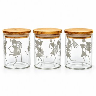 GARV 210Ml Borosilicate Glass Storage Jar With Warli Print And Airtight Pinewood Lid (Set Of 3)