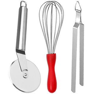                       Oc9 Stainless Steel Whisk / Egg Whisk and Pizza Cutter and Roti Chimta For Kitchen Tool                                              