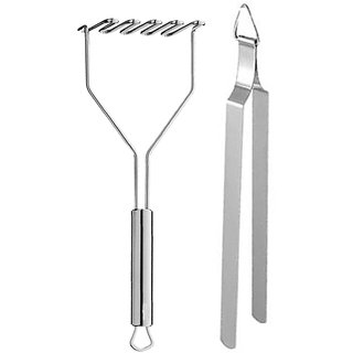                       Oc9 Stainless Steel Potato Masher and Roti Chimta / Cooking Tong For Kitchen Tool                                              