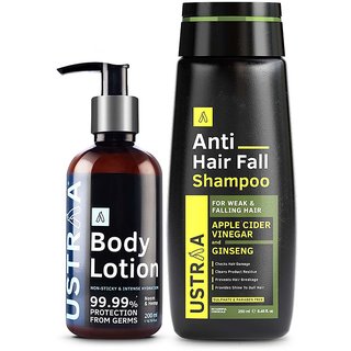                       Ustraa Body Lotion Germ Free - 200ml And Anti Hair Fall Shampoo with Apple Cider Vinegar - 250ml                                              