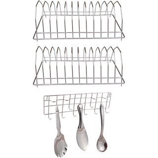                       Oc9 Stainless Steel Plate Stand / Dish Rack (Pack of 2) and Wall Mounted Ladle Hook Rail For Kitchen                                              