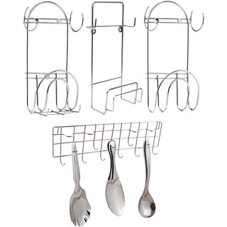                       Oc9 Stainless Steel Chakla Belan Stand (Pack of 3) and Wall Mounted Ladle Hook Rail For Kitchen                                              