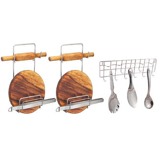                       Oc9 Stainless Steel Chakla Belan Stand (Pack of 2) and Wall Mounted Ladle Hook Rail For Kitchen                                              