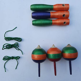 KRIDA - Wooden Lattu / Bhamardo - Spinning Stick Top Toy (Set of 3)