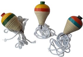 KRIDA - Wooden Lattu / Bhamardo - Traditional Spinning Top Toy (Set of 3)