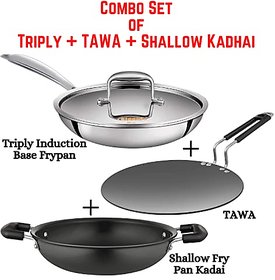 Kumaka Triply, Tawa, and Shallow Kadhai Combo Set  Kumaka Siddhi Triply Induction Base Frypan + Siddhi Hard Anodized Co