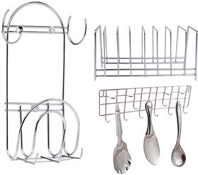 Oc9 Stainless Steel Plate Stand / Dish Rack and Chakla Belan Stand and Ladle Hook Rail For Kitchen