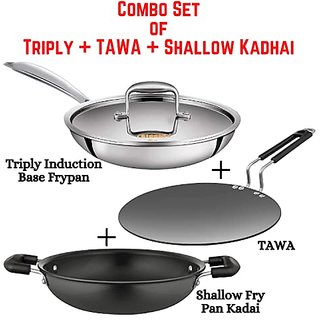 Kumaka Triply, Tawa, and Shallow Kadhai Combo Set  Kumaka Siddhi Triply Induction Base Frypan + Siddhi Hard Anodized Co