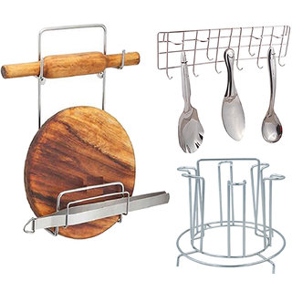                       Oc9 Stainless Steel Glass Stand / Glass Holder and Chakla Belan Stand and Wall Mounted Ladle Hook Rail For Kitchen                                              