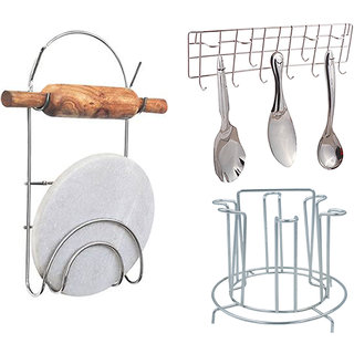                       Oc9 Stainless Steel Glass Stand / Glass Holder and Chakla Belan Stand and Wall Mounted Ladle Hook Rail For Kitchen                                              