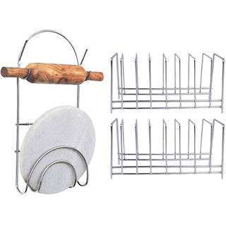                       Oc9 Stainless Steel Plate Stand / Dish Rack (Pack of 2) and Chakla Belan Stand For Kitchen                                              