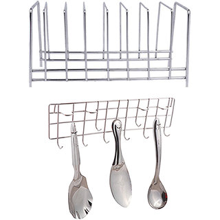                       Oc9 Stainless Steel Plate Stand / Dish Rack and Wall Mounted Ladle Hook Rail For Kitchen                                              