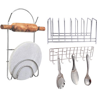                       Oc9 Stainless Steel Plate Stand / Dish Rack and Chakla Belan Stand and Ladle Hook Rail For Kitchen                                              