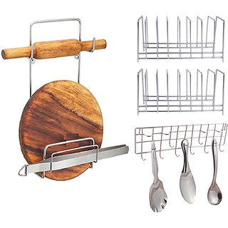                       Oc9 Stainless Steel Plate Stand / Dish Rack (Pack of 2) and Chakla Belan Stand and Hook Rail For Kitchen                                              