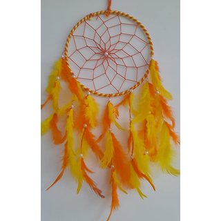                       JAAMSO ROYALS Yellow and Orange Natural Feathers with White Pearls Handmade Wall Hanging Dream Catcher                                              
