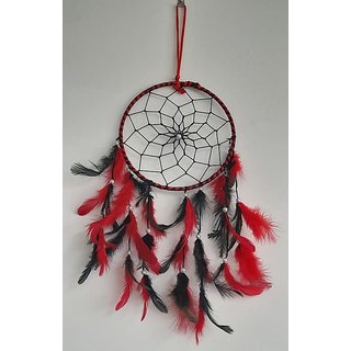                       JAAMSO ROYALS Red and Black Natural Feathers with White Pearls Handmade Wall Hanging Dream Catcher                                              