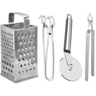                       Oc9 Stainless Steel Grater / Slicer and Utility Pakkad and Pizza Cutter and Roti Chimta For Kitchen Tool Set                                              
