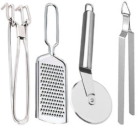 Oc9 Stainless Steel Wire Grater and Utility Pakkad and Pizza Cutter and Roti Chimta for Kitchen Tool Set