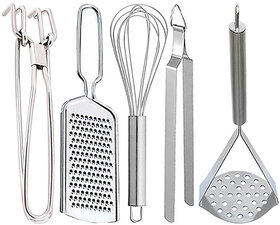 Oc9 Stainless Steel Kitchen Utility Combo Pakkad, Grater,  Whisker, Chimta and Potato Masher