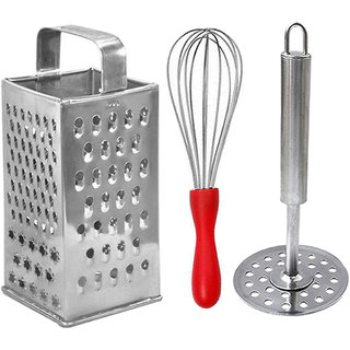                       Oc9 Steel Grater / Slicer and Whisk / Egg Whisk and Potato Masher / Pav Bhaji Masher For Kitchen Tool Set                                              