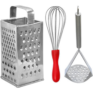                       Oc9 Steel Grater / Slicer and Whisk / Egg Whisk and Potato Masher / Pav Bhaji Masher For Kitchen Tool Set                                              