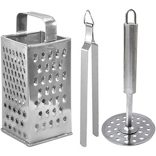                       Oc9 Steel Grater / Slicer and Roti Chimta / Cooking Tong and Potato Masher For Kitchen Tool Set                                              