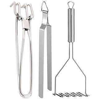                       Oc9 Stainless Steel Utility Pakkad and Roti Chimta / Cooking Tong and Potato Masher For Kitchen Tool Set                                              