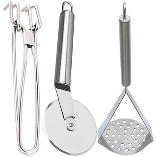                       Oc9 Stainless Steel Utility Pakkad and Wheel Pizza Cutter and Potato Masher For Kitchen Tool Set                                              