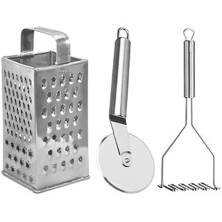                       Oc9 Steel Grater / Slicer and Wheel Pizza Cutter and Potato Masher / Pav Bhaji Masher For Kitchen Tool Set                                              