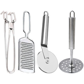                       Oc9 Stainless Steel Wire Grater and Utility Pakkad and Pizza Cutter and Potato Masher for Kitchen Tool Set                                              