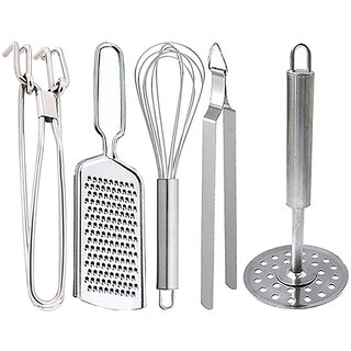                       Oc9 Stainless Steel Utility Pakkad and Wire Grater and Egg Whisk and Roti Chimta and Potato Masher For Kitchen Tool                                              