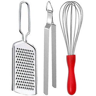                       Oc9 Stainless Steel Wire Grater / Cheese Grater and Roti Chimta and Whisk / Egg Whisk for Kitchen Tool Set                                              