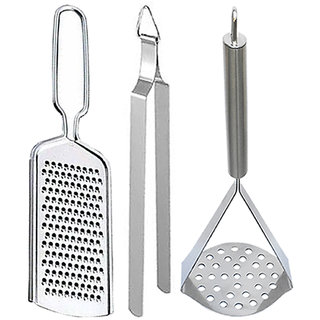                       Oc9 Stainless Steel Wire Grater / Cheese Grater and Roti Chimta / Cooking Tong and Potato Masher for Kitchen Tool Set                                              