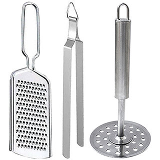                       Oc9 Stainless Steel Wire Grater / Cheese Grater and Roti Chimta / Cooking Tong and Potato Masher for Kitchen Tool Set                                              