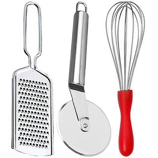                       Oc9 Stainless Steel Wire Grater / Cheese Grater and Wheel Pizza Cutter and Whisk / Egg Whisk for Kitchen Tool Set                                              