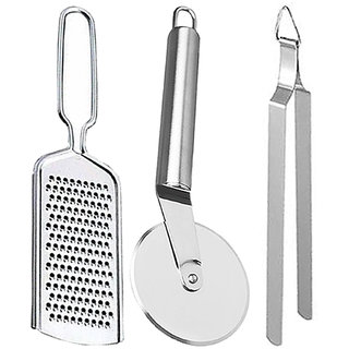                       Oc9 Stainless Steel Wire Grater / Cheese Grater and Wheel Pizza Cutter and Roti Chimta for Kitchen Tool Set                                              