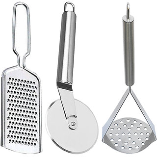                      Oc9 Stainless Steel Wire Grater / Cheese Grater and Wheel Pizza Cutter and Potato Masher for Kitchen Tool Set                                              