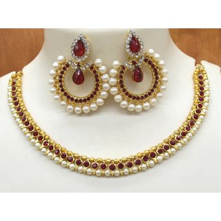                       Maroon tilak pearl polki necklace set                                              