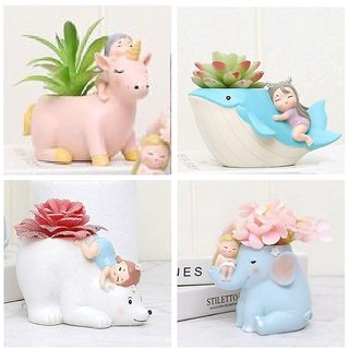 Mehra's Lifestyle Polyresin Pot , Combo Pack of 4 pcs Cute Girls on Elephant , Whale , Unicorn